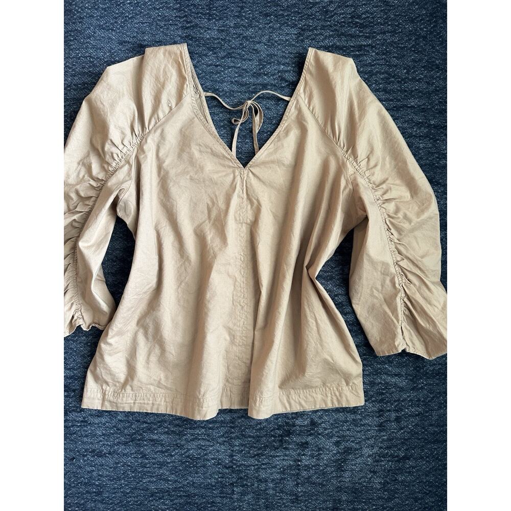 LOFT Tan Puff Sleeve Tie Back V Neck Blouse (L)
